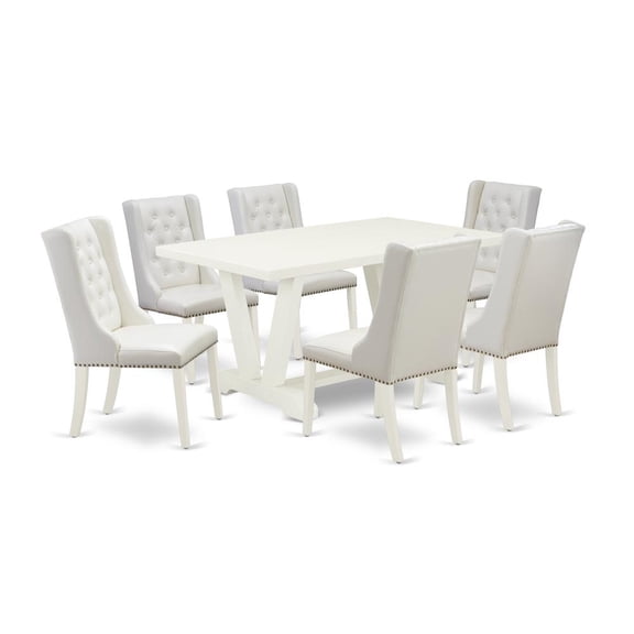 East West Furniture V-Style 7-piece Wood Dining Set with Leather Seat in White