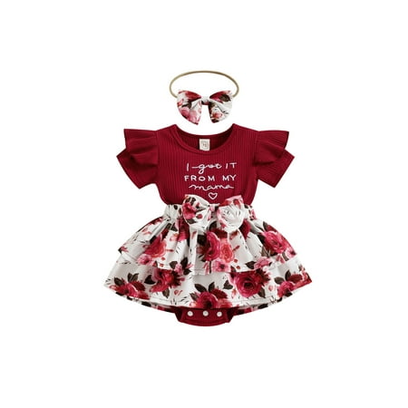 

Frobukio Toddler Baby Girls Summer 2Pcs Clothes Sets Flower Print Fly Sleeve Crew Neck Romper Skirt with Headband Wine Red 18-24 Months