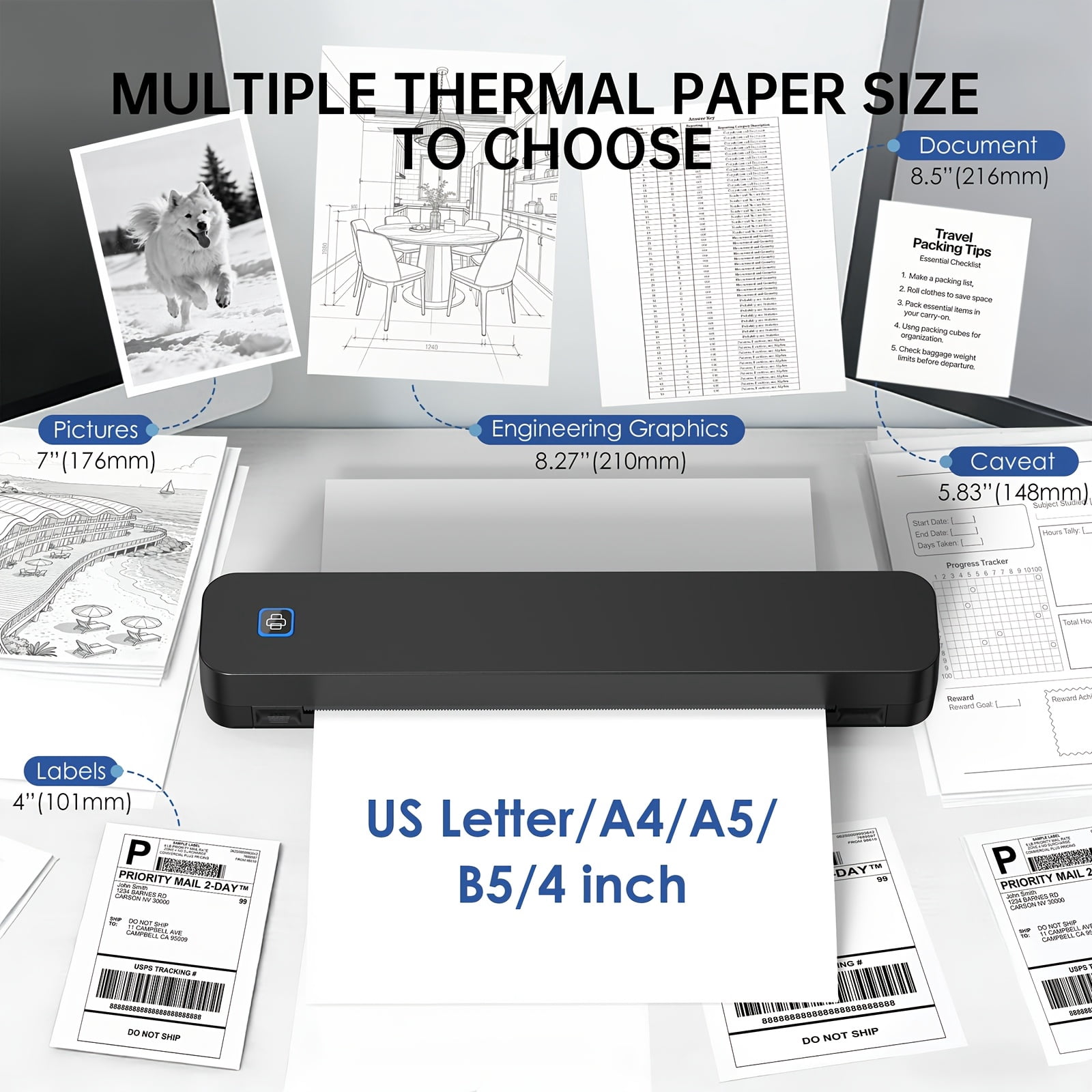 Portable Inkless Travel Thermal Printer+10/110pcs A4 Paper Combo Pack - Compatible With Mobile Phones And Laptops, Supports 8.5X11 Inch Thermal Letter Paper, Suitable For Office, Travel, And Home.