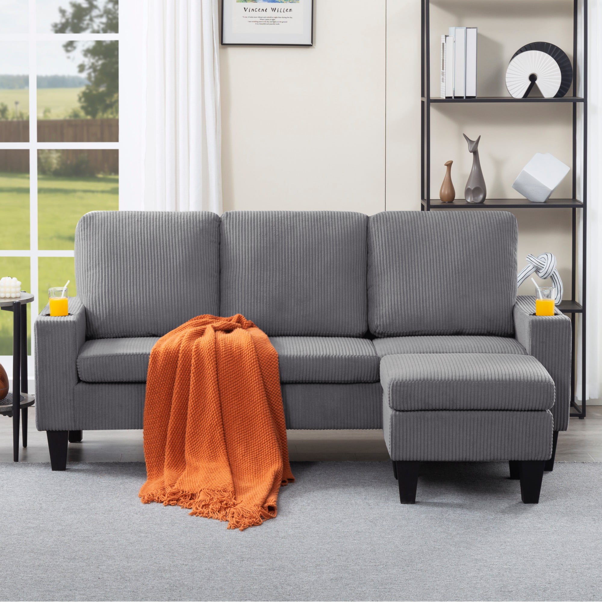 Gewnee Light Grey 69.88” L-Shaped Sofa, Corduroy Reversible Ottoman with Cup Holders for Home/Office