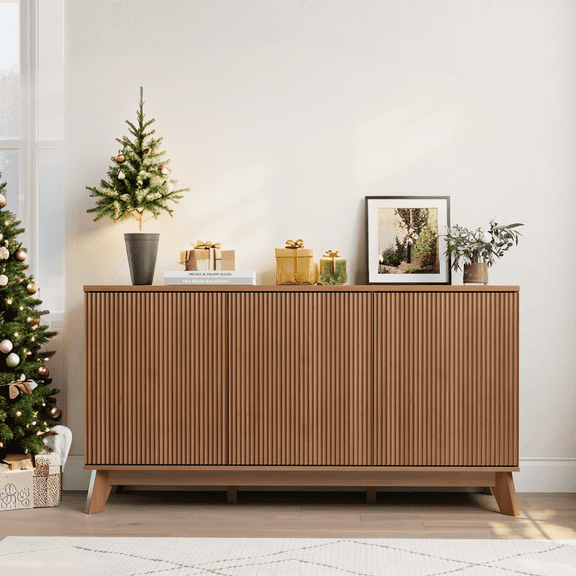 Accreate 58" Modern Farmhouse Buffet Cabinet with Curved Grooved Doors, Adjustable Shelves, Wood Storage Sideboard Credenza for Dining Room, Coffee Bar Console, Kitchen, Entryway