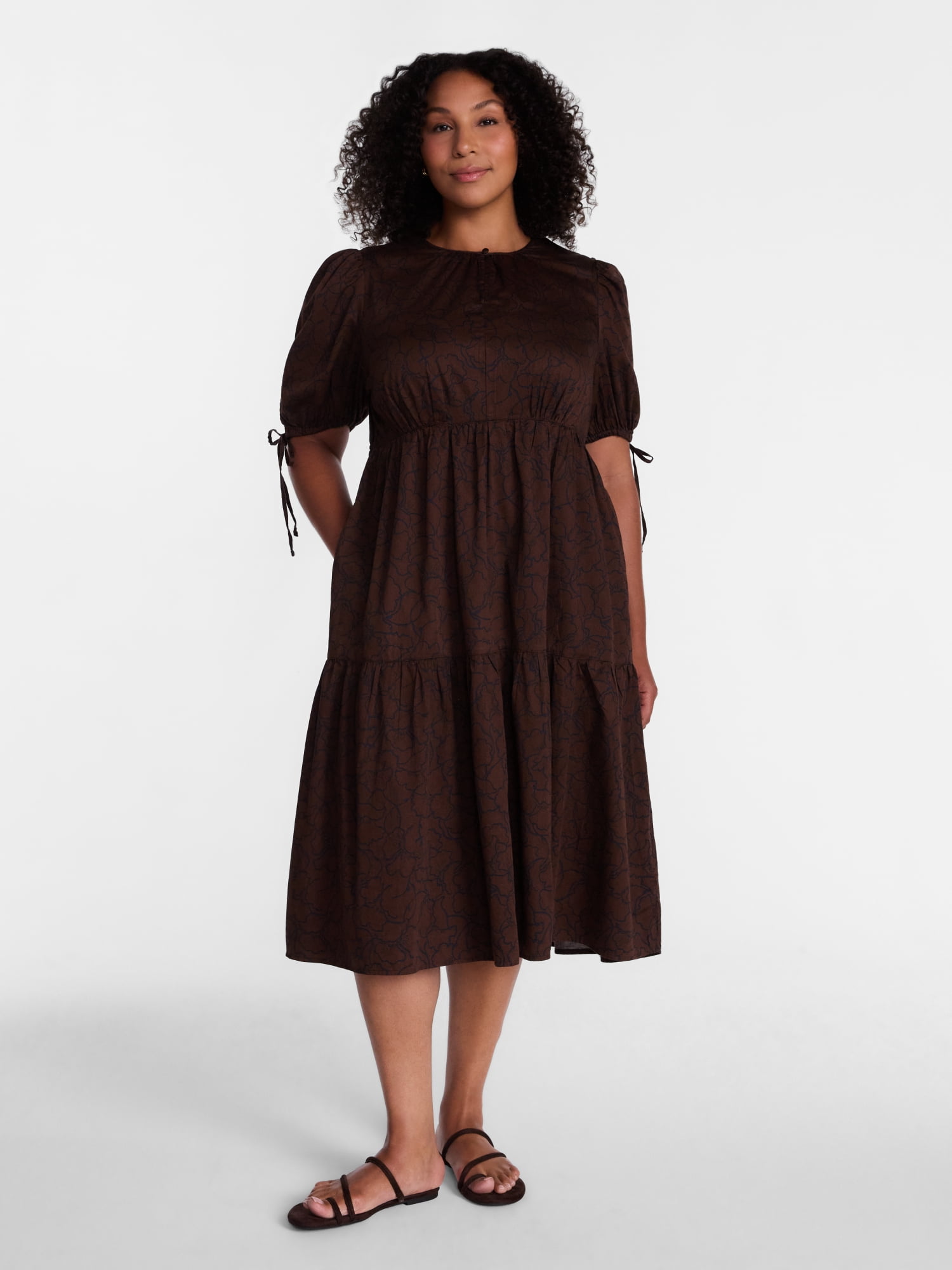 Time and Tru Women's Tiered Midi Dress with Tie Puff Sleeves, Sizes XS-XXXL