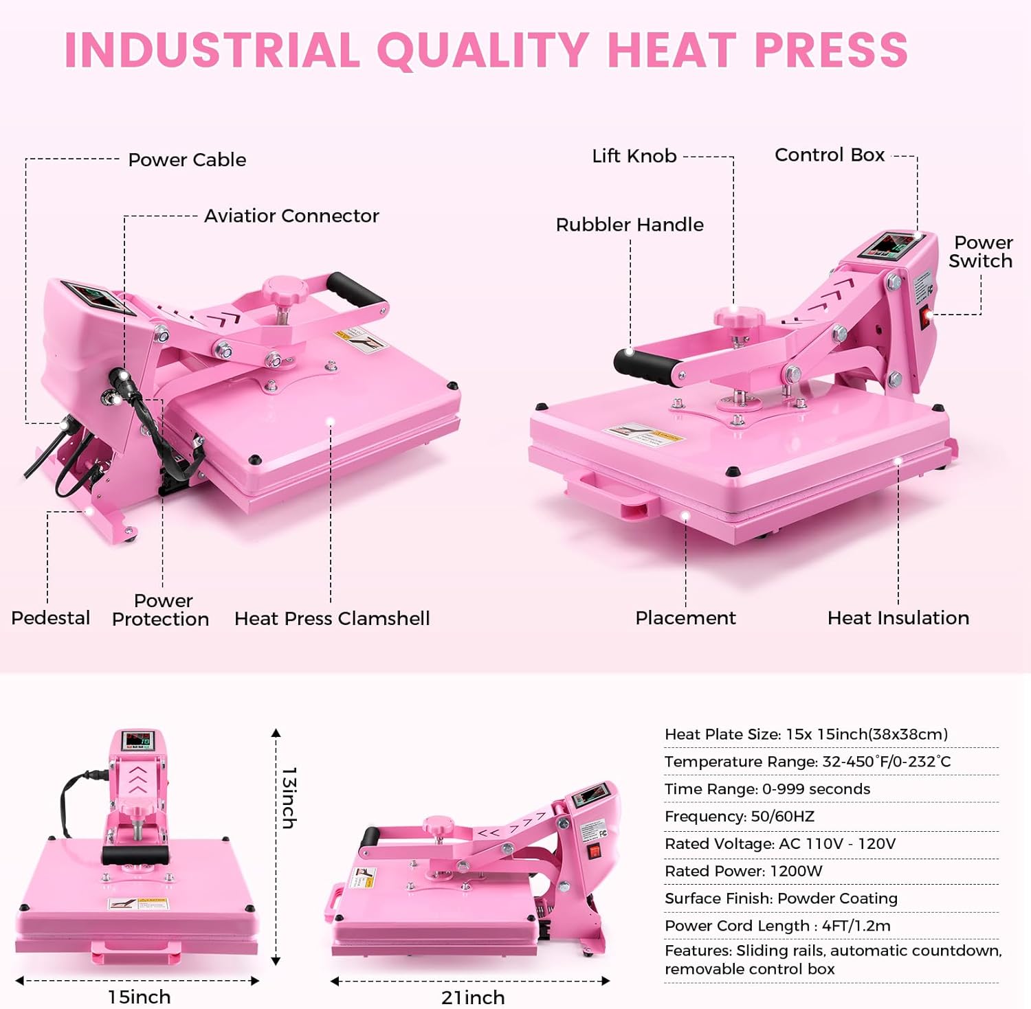 Adnoom Clamshell Heat Press 15x15 with Slide Out Design, Industrial-Quality Sublimation Press with Dual Tube Heating System, Digital Heat Transfer Machine for T-shirt, Mouse Pad, Pillows, Pink