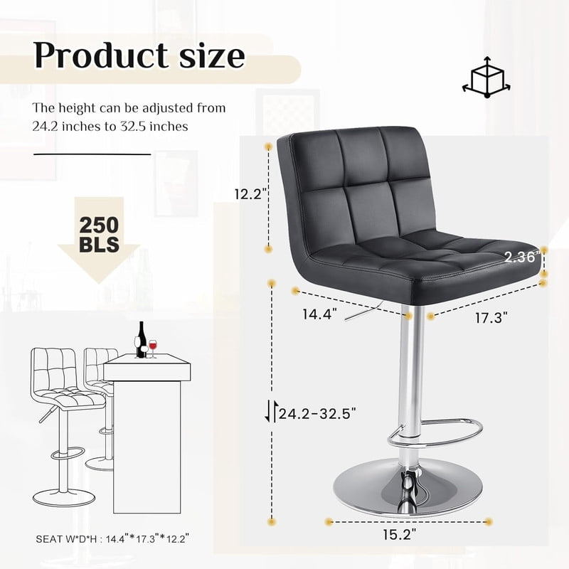 Sybels 2-Pack Adjustable Swivel Bar Stools, Armless PU Leather Counter Height Stools with Back，Black
