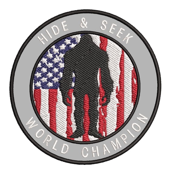 Bigfoot Hide & Seek World Champion 3.5" Iron On Or Sew On Embroidered Fabric Badge Patch Unexplained Mysteries Iconic Series