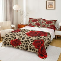 Feelyou Fashion Red Rose Bed Sheets for Women, Leopard Cheetah Print King Sheets, Romantic Anniversary Sheet Set, Ultra Soft Bedroom Decor, 4pcs