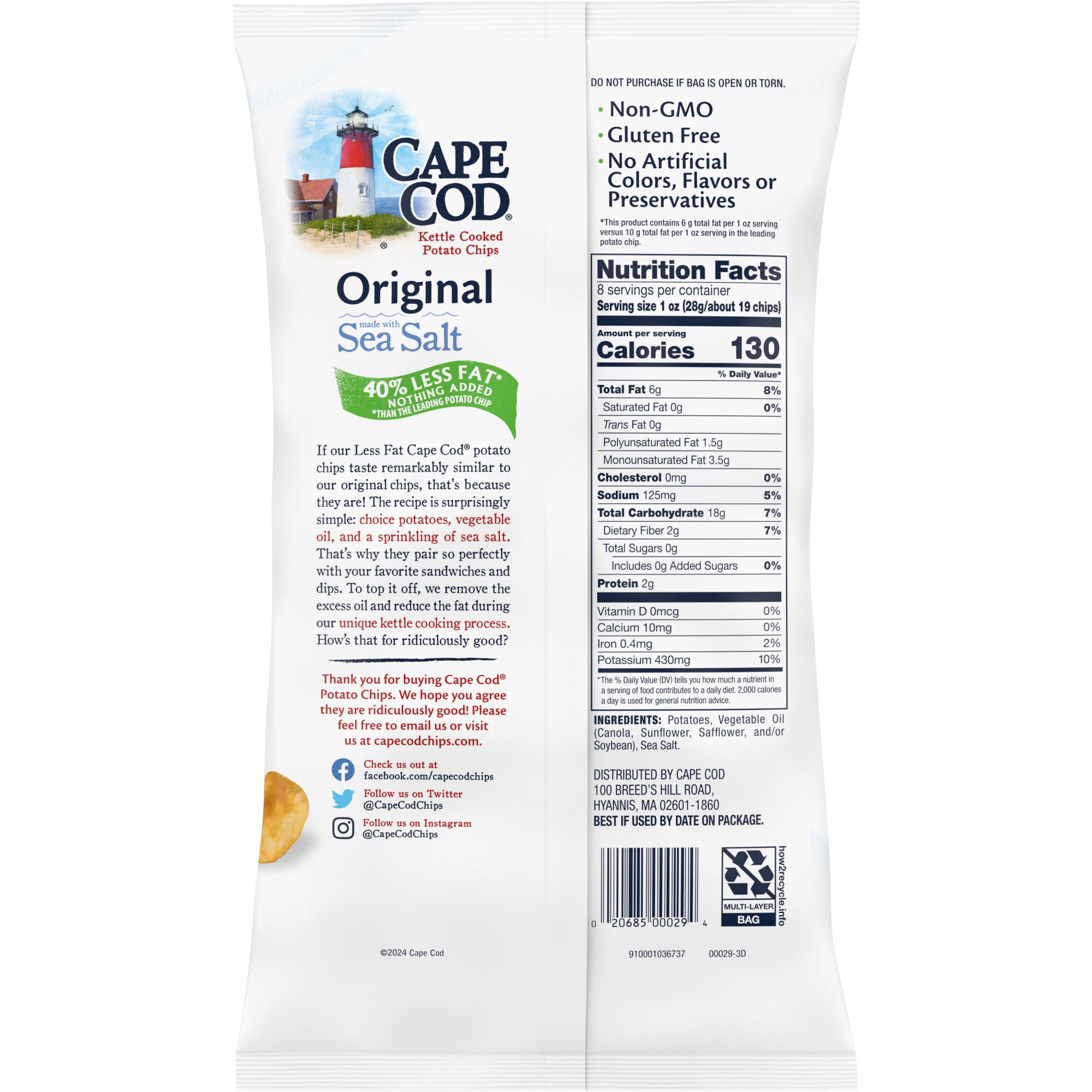 (3 pack) Cape Cod Potato Chips, Less Fat Original Kettle Chips, 8 oz