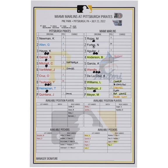 Pittsburgh Pirates Game-Used Lineup Card vs. Miami Marlins on July 23, 2022 - Fanatics Authentic Certified