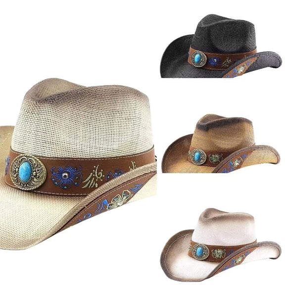 AJGRHE Men's Women's Straw Cowboy Hat Cowgirl Woven Sun Hat Western Cowboy Hat Two Decorative Bands Beige M
