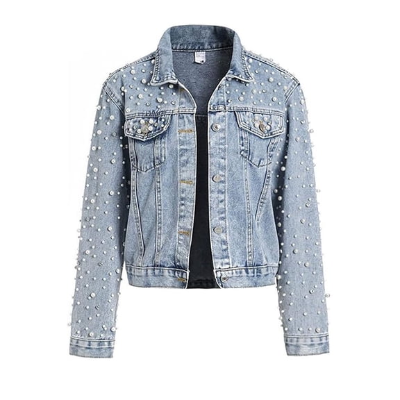 Kilaqueen Women's Pearls Denim Jacket Rhinestones Embroidered Pearls Beading Long Sleeve Lapel Cropped Jean Coat with Front Pockets