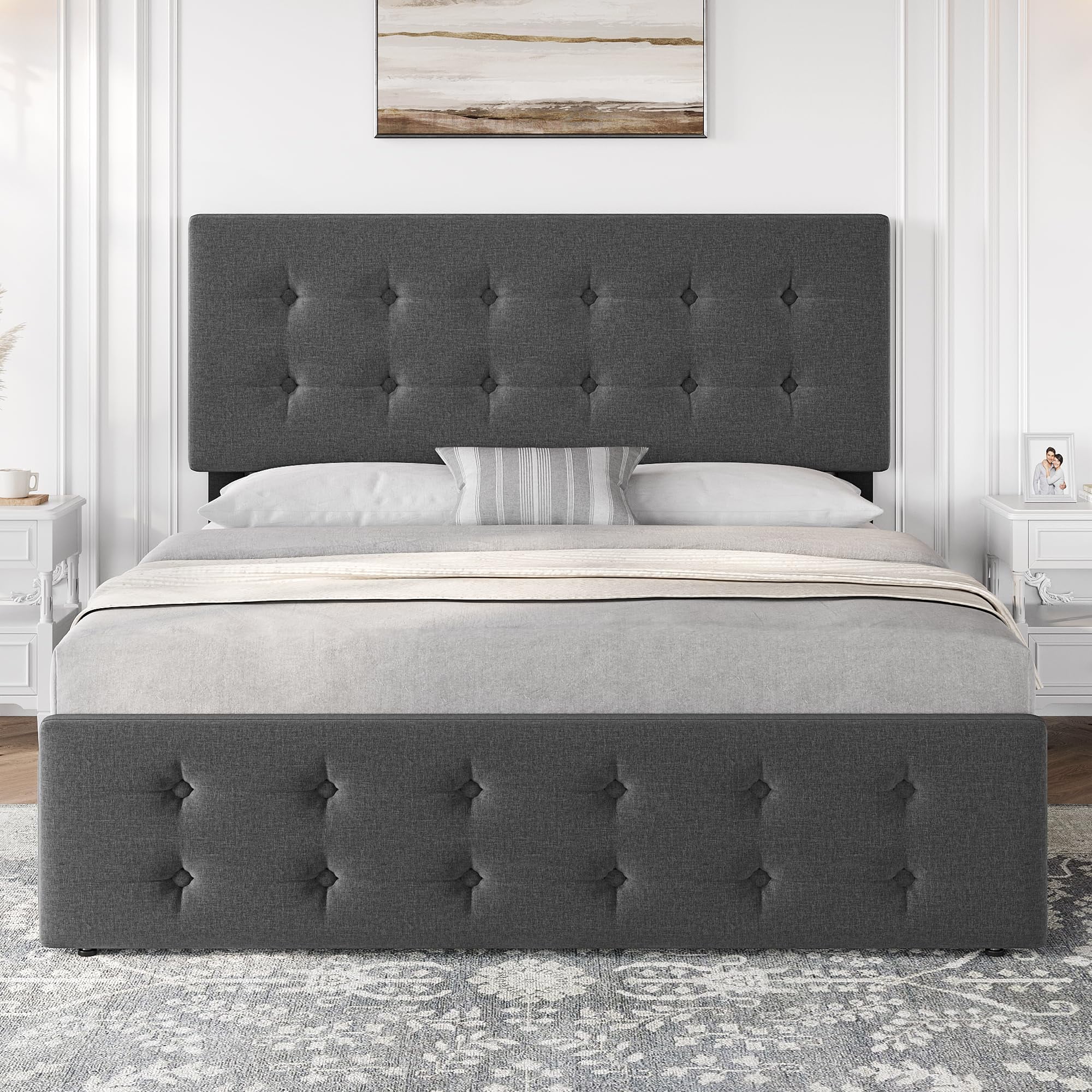 Maritcute Full Size Bed Frame with 4 Storage Drawers and Adjustable Headboard, Upholstered Mattress Foundation with Skin-Frienly Linen, No Box Spring Needed, Light Grey