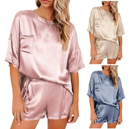 

Solid Color Satin Pajamas Short-sleeved Clothing Set