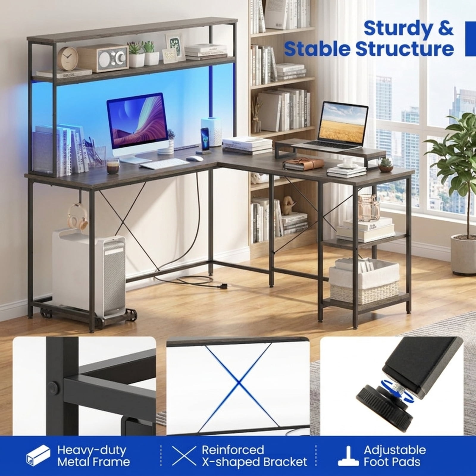 Furnibear L Shaped Reversible Gaming Desk with LED Strip and Power Outlets Hutch Monitor Stand, Gray
