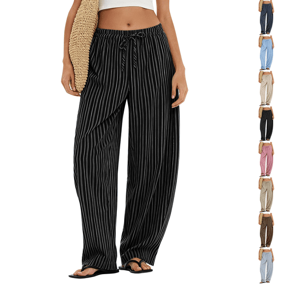 Petite Linen Pants for Women Striped Casual Comfy Elastic Waist Linen Drawstring Pants Y2k Baggy Flowy Lightweight Work Trousers Black S