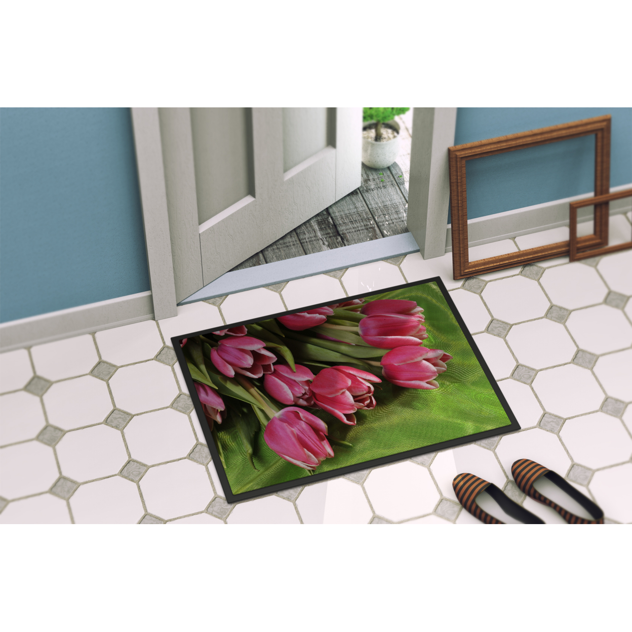 Carolines Treasures APH5048MAT Pink Tulips Door Mat Indoor Rug or Outdoor Welcome Mat 18x27 Doormat  27"L x 18"W