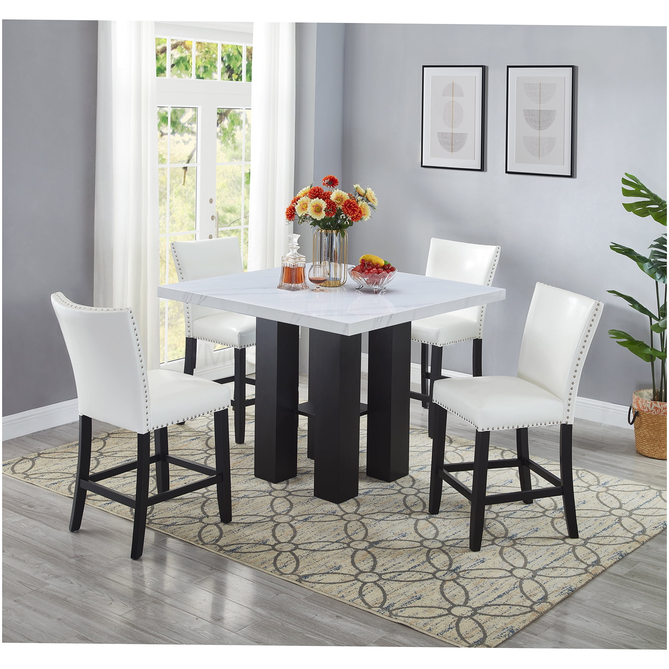 Set of 2 PU Upholstered Bar Stools with Footrest, White and Chrome Accents