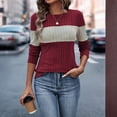 thumbnail image 2 of WTOBBY Women's Fashionable Color Block Pullover Top with Round Neck, Long Sleeve Loose Fit for Casual Comfort, Ribbed Design for Trendy Looks, Great for Relaxed Wear,Wine 2XL, 2 of 7