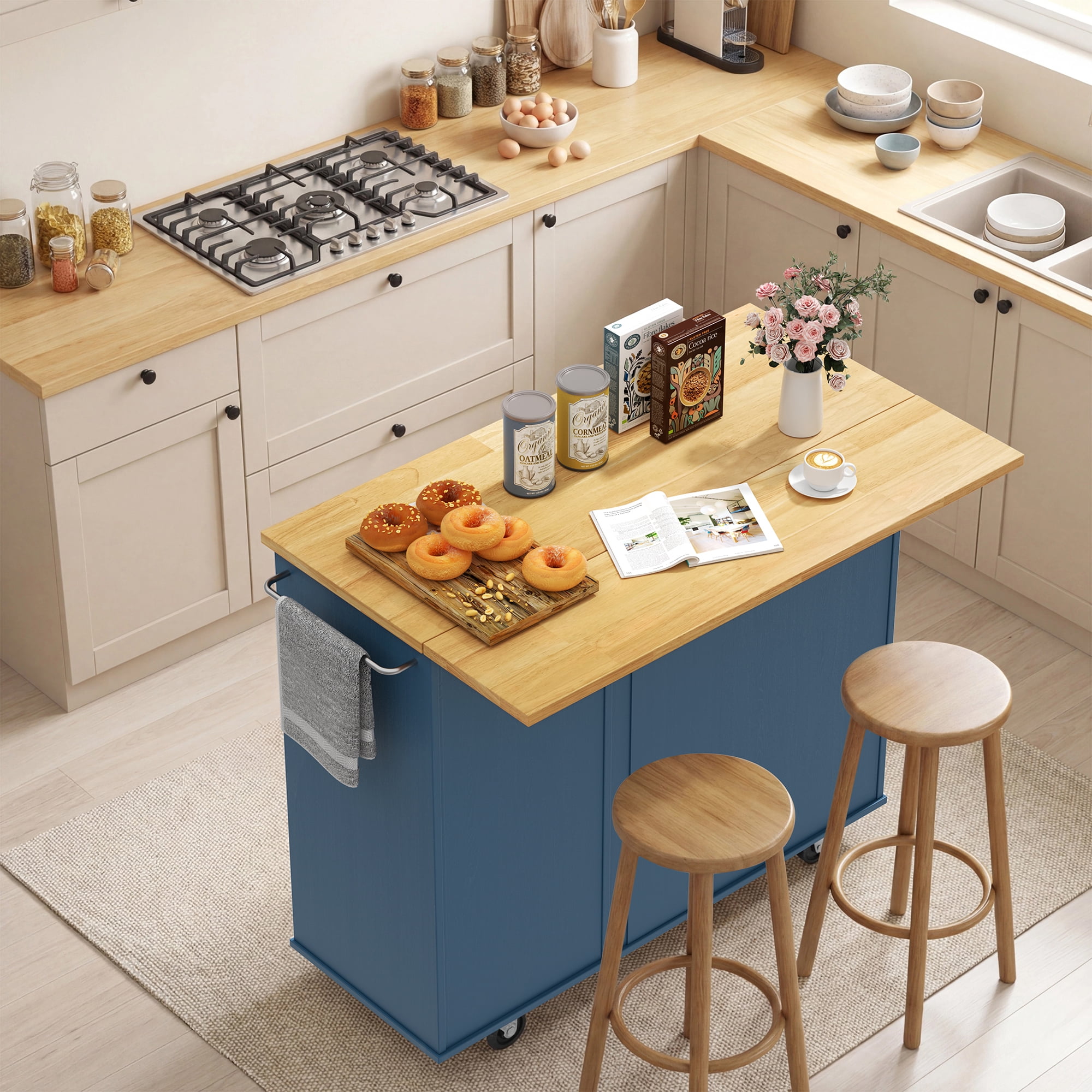 Walsunny 40" Kitchen Islands Carts with Storage Drop Leaf Countertop on Wheels Rolling Microwave Utility Carts with 3 Drawers 1 Storage Cabinets,Blue