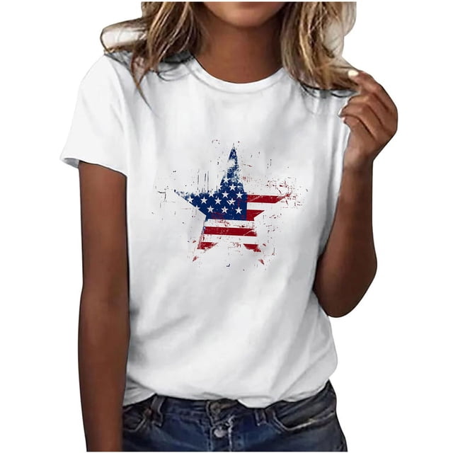 Yhmxh T-shirts pour Femmes Mode pour Femmes Jour de l'Indépendance Imprimé Col Rond Manches Courtes Hauts d'Été pour Femmes Manches Courtes Chemises d'Été sous-Maillots T-shirts pour Femmes
