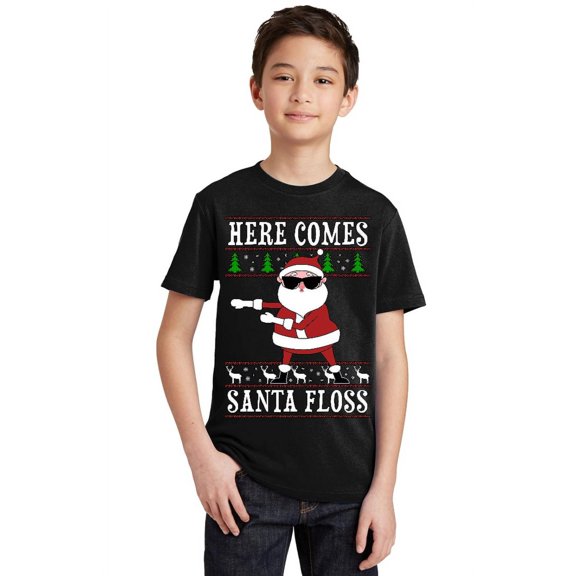 P&B Here Comes Santa Floss Ugly Christmas Sweater Youth T-shirt, Youth XL, Black