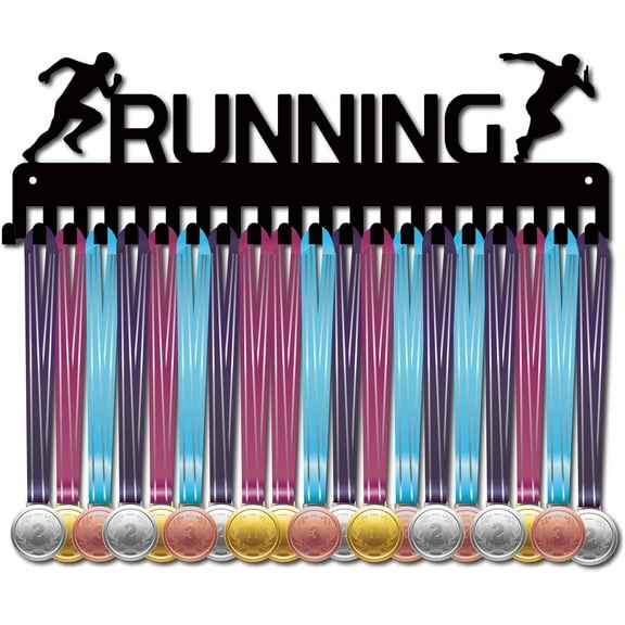 Iron Medal Holder Frame Medals Display Hanger Rack 20 Hooks with Screws Word Running Sports Themed Pattern 122x400mm