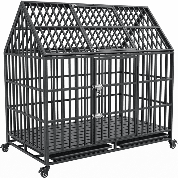 54 Inch Heavy Duty Dog Crate XXL Indestructible Kennel for Giant Dogs, Escape-Proof Cage with Open Roof Top, Removable Trays and Lockable Wheels, Spacious Interior for High Anxiety Pets, Black
