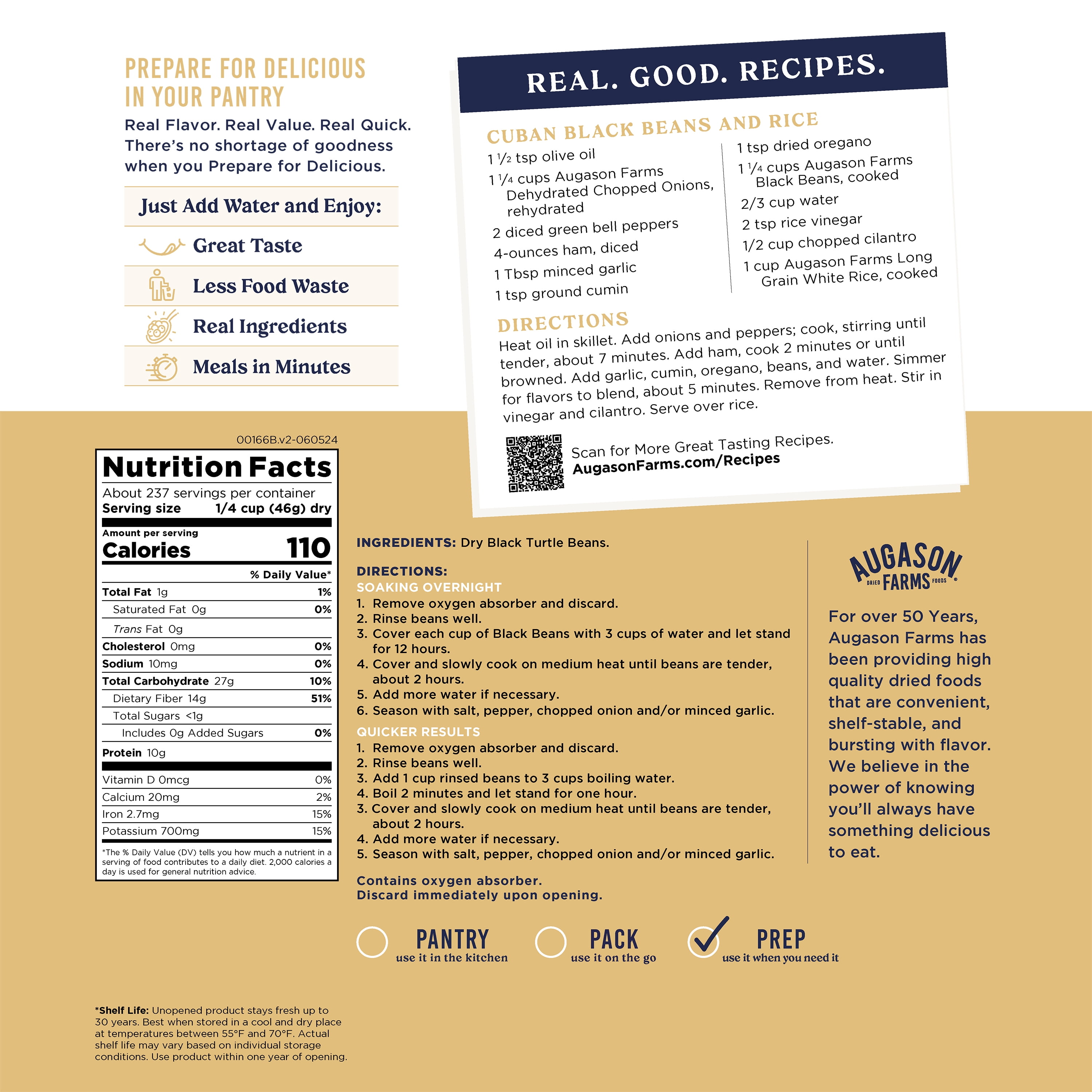 Dried Black Beans Emergency Food Supply, 237 Servings, 30 Year Shelf Life, Good Source of Iron, Protein, and Potassium, High in Fiber - Dehydrated Meals, Survival Food Camping Essentials