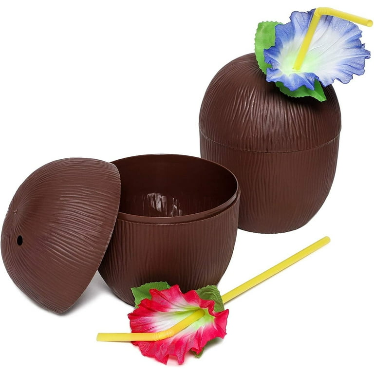Juvale 12-Pack 16 Ounce Plastic Coconut Cups with Straws, Hawaiian Tropical Luau Party Supplies