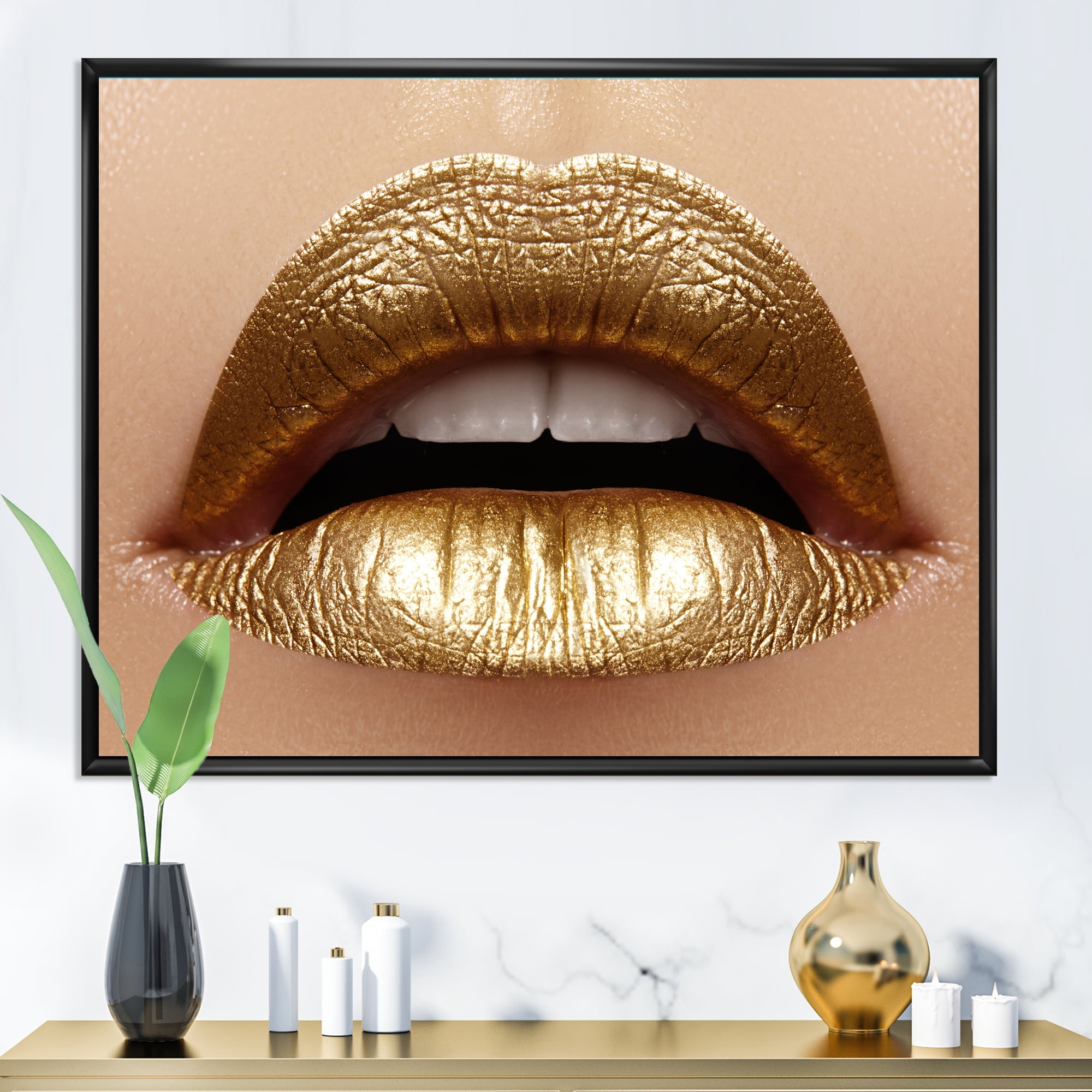 Designart 'Close Up of Woman Plump Lips With Golden Lipstick' Modern Framed Canvas Wall Art Print