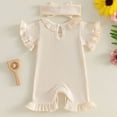 thumbnail image 5 of felwors Newborn Baby Girl Summer Outfit Romper Sister Lil Sis Embroidery Ruffle Collar Jumpsuit Infant Waffle Clothes,Beige,6-9 Months, 5 of 5