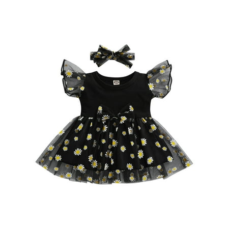 

Toddler Girl Tutu Dress Daisy Ruffle Sleeveless Rib Patchwork Mesh Lace Tulle Sundress Princess Flower Girl Dress