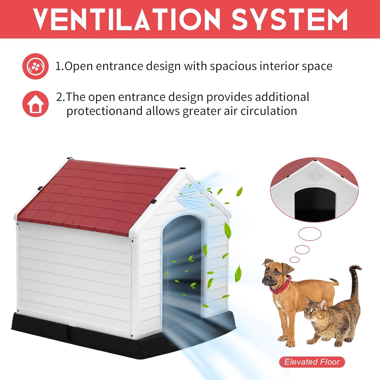 Dkelincs 28 inch Durable Plastic Dog House Indoor Outdoor Weatherproof Pet House with Air Vents and Elevated Floor, Red