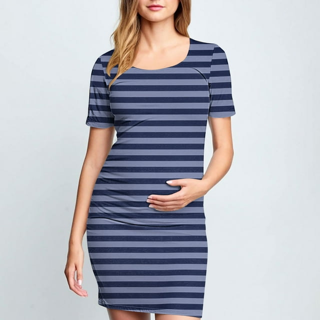 Ovzne Robes pour Femmes Robe Femme Mode Imprimée Plissée Jupe de Maternité Manches Courtes Col Rond Mi-Mollet Robe de Printemps Manches Courtes Imprimée Liquidation