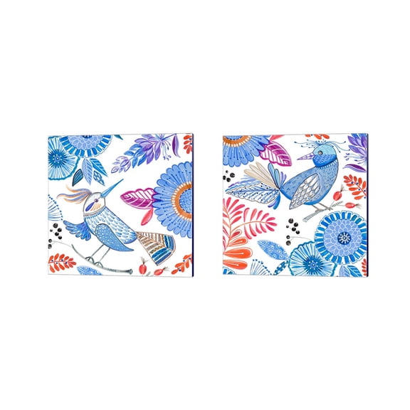 Great Art Now Bird with Flowers by Ani Del Sol 2 Piece Canvas Art Set Each 14"W x 14"H