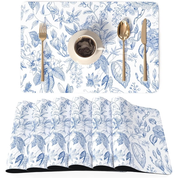 Fykuq PU Leather Placemats Set of 6, 12"x18" Waterproof Table Mats, Toile