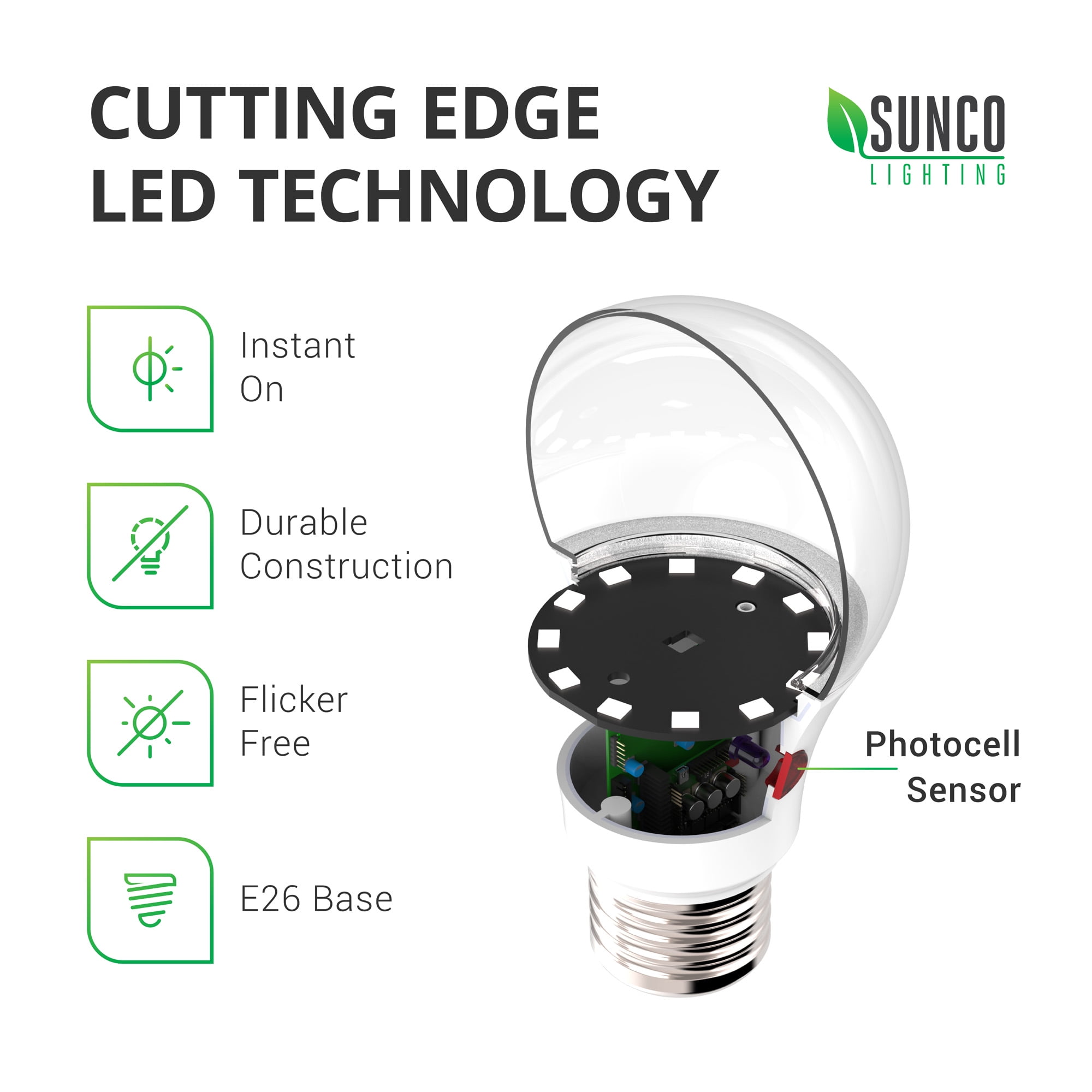 Sunco 10 Pack A19 LED Bulb with Dusk to Dawn, 9W=60W, 800 LM, 5000K Daylight, Auto On/Off Photocell Sensor - UL