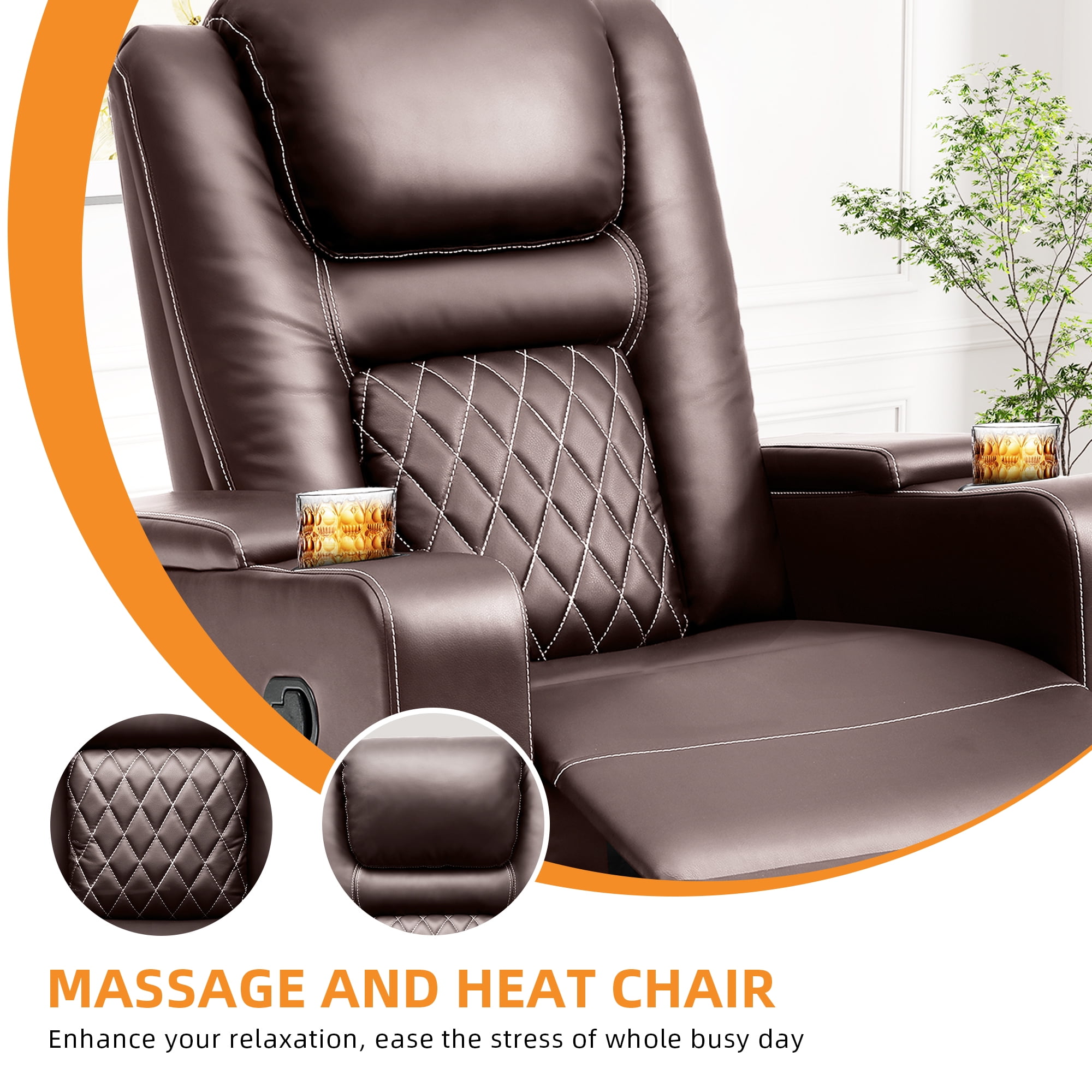 Dextrus Rotating Rocker Recliner with Heat and Massage, Concealed Armrest Storage, Faux Leather Rocking Chair with Drink Holders, Comfortable Cinema Seating, Manual Lounge Chair, Brown
