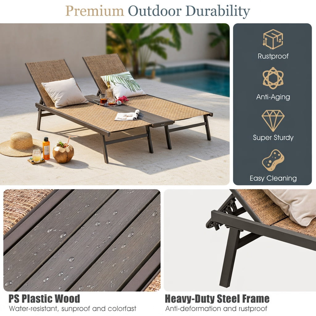 Hommoo 2-Person Adjustable Outdoor Chaise Lounge Chair with Weatherproof Center Tray, Steel Patio Recliner for Backyard, Poolside, or Deck, Brown