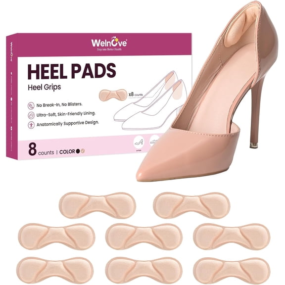Welnove Heel Grips & Pads for Women's Shoes - 8 PCS Three Zone Style, Self-Adhesive Cushion Inserts, Anti-Slip & Friction Protection for Loose & Too Big Shoes, Heels & Pumps, Beige