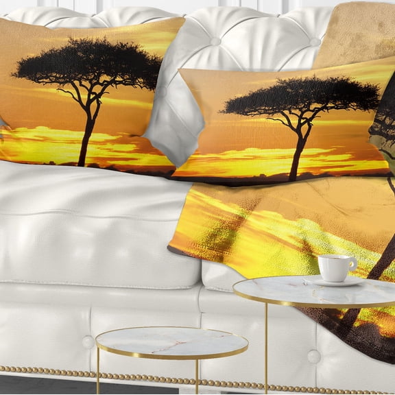 Designart Beautiful Sunset Through Acacia Tree - African Landscape Printed Throw Pillow - 12x20