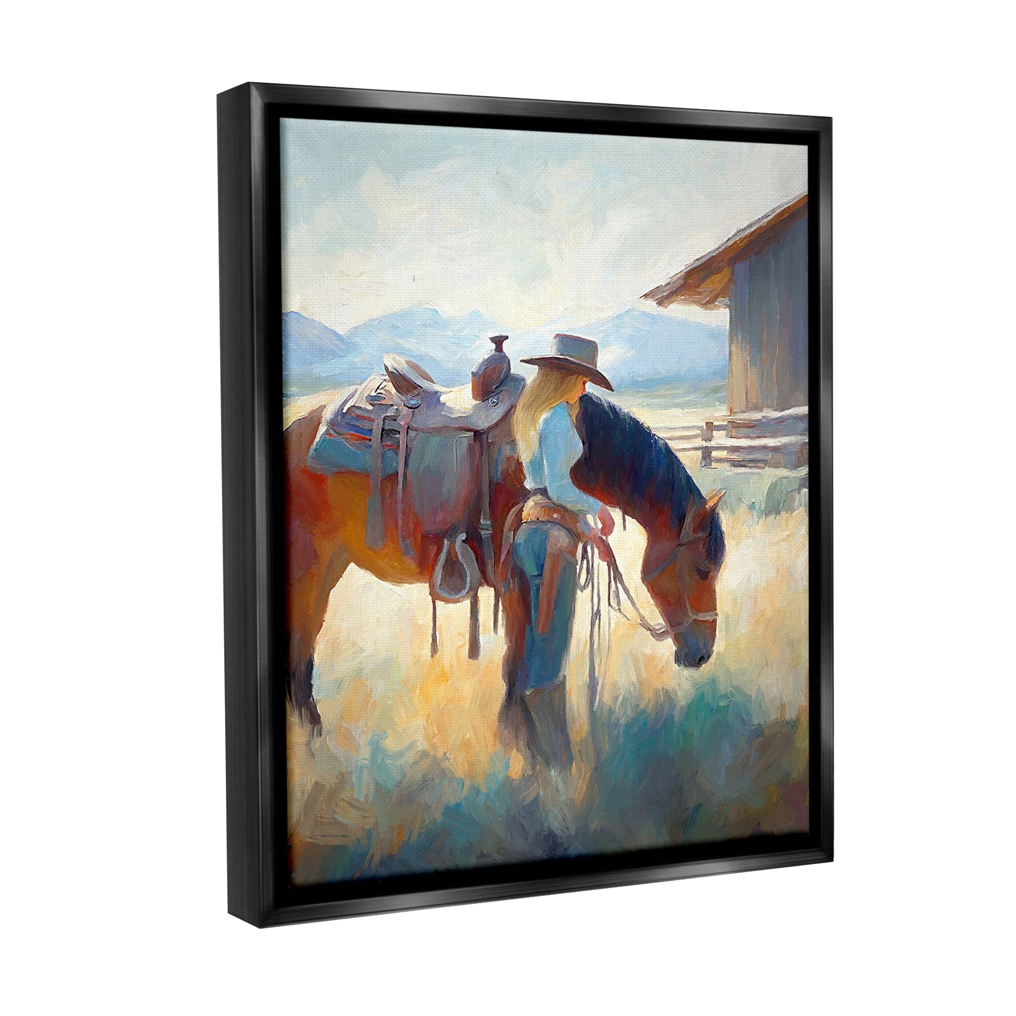 Stupell Industries Equestrian Girl & Horse Animals & Insects Painting Black Floater Framed Canvas Art Print Wall Art, 25 x 31