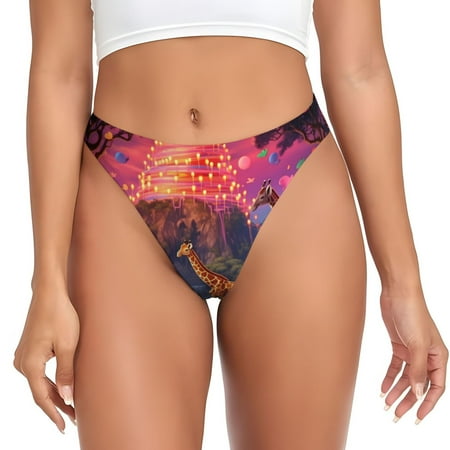 Qokaie Lantern Giraffes Magical Forest Printed Women s Cotton Thong Underwear  Sexy Breathable Panties G-string-Small