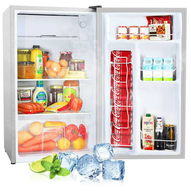 Double Door Mini Fridge with Freezer for Bedroom Office or Dorm with  Adjustable Remove Glass Shelves Compact Refrigerator 3.2 cu ft, Stainless  Steel