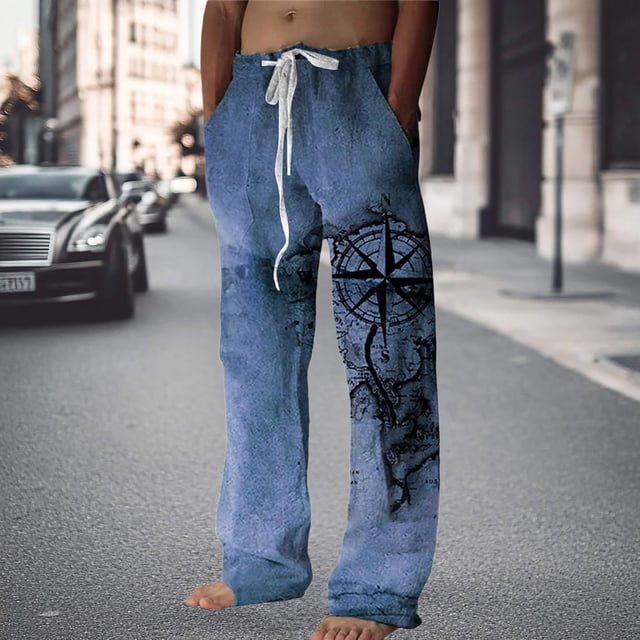 Pantalon Droit en Lin Mélangé pour Usage Quotidien Décontracté Mode Homme Détails Réfléchissants à Cordon