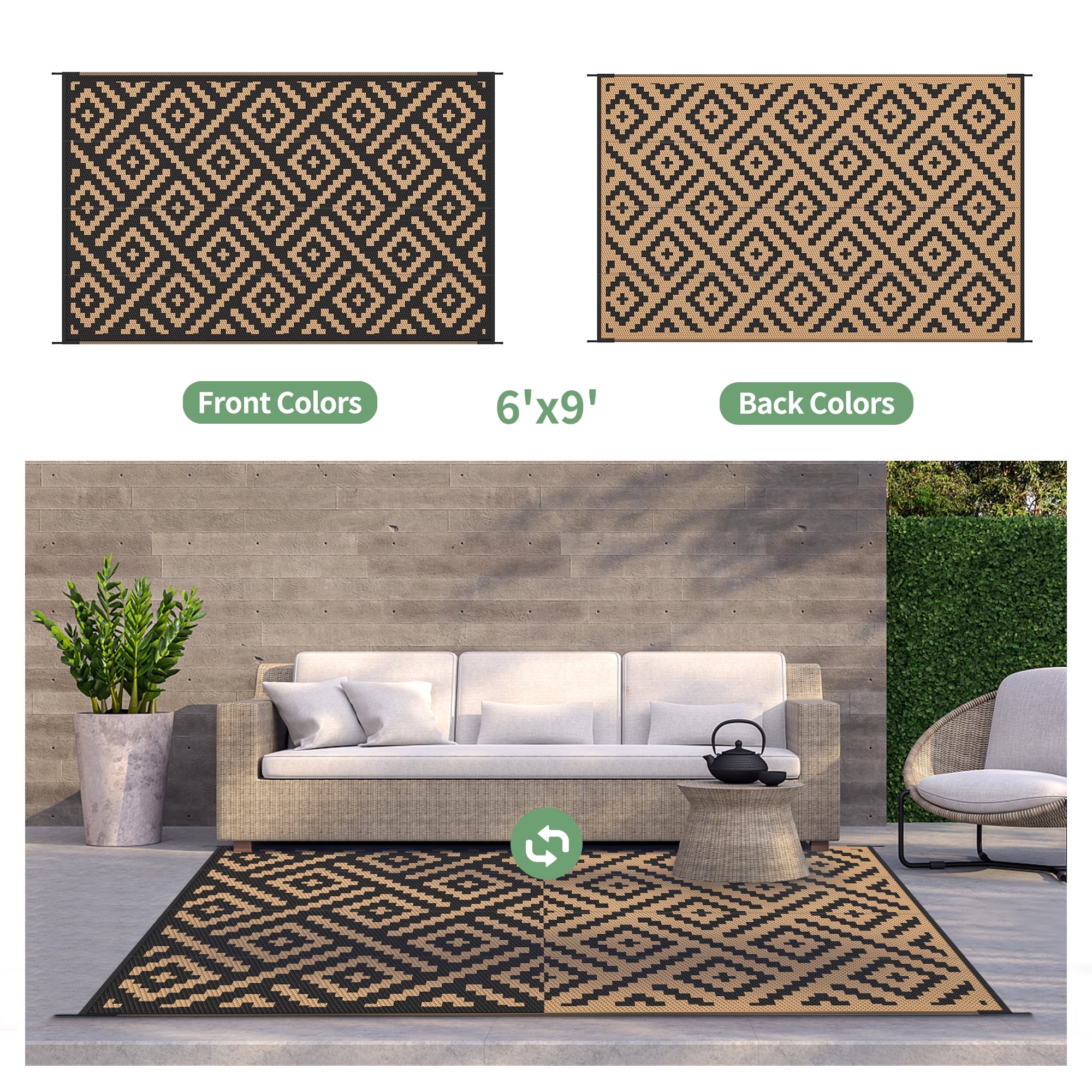 DEORAB Outdoor Rugs Waterproof Plastic Straw Mat 6'x9' Reversible for RV Patio Deck Beach Black & Brown