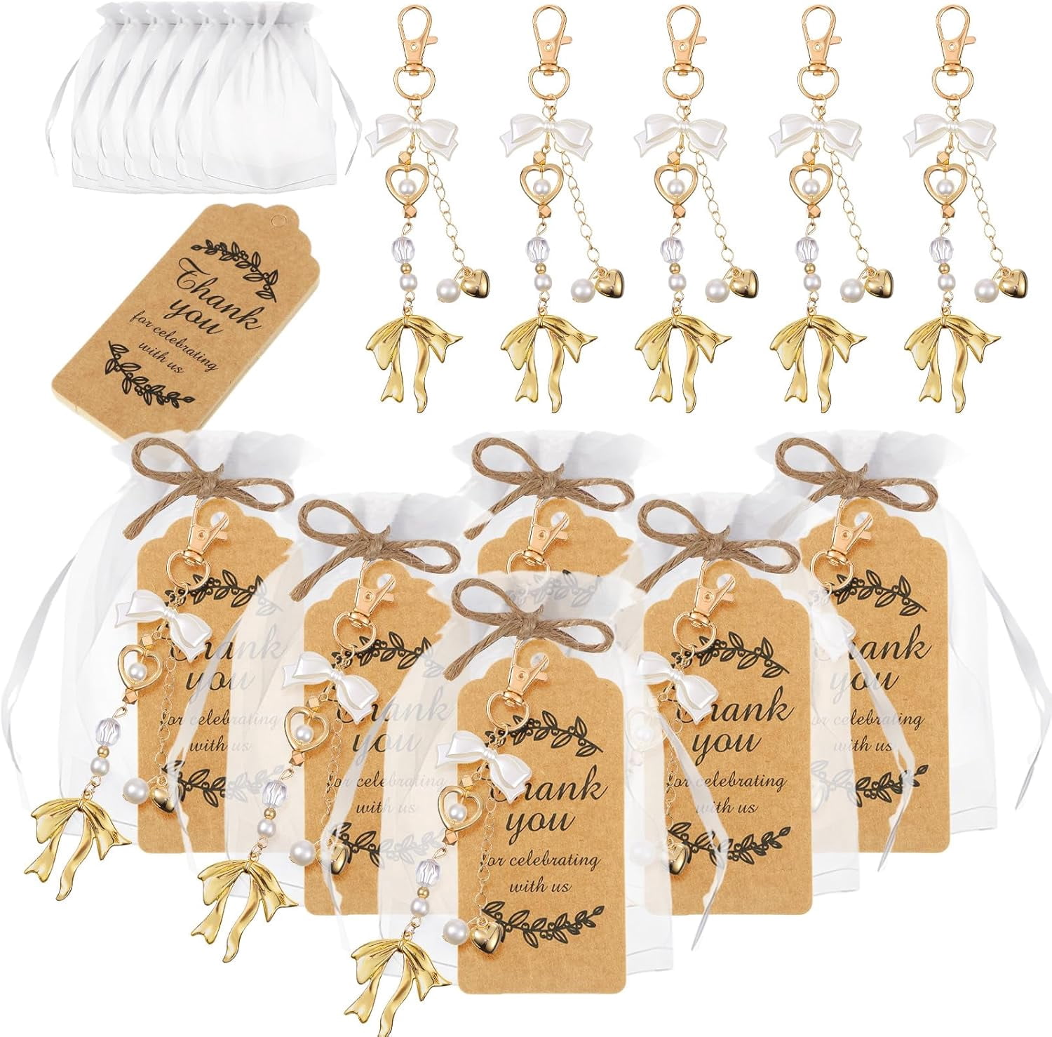 20 Set Pearl Bow Keychain Party Favor Bulk Mother's Day Keyring Charm Accessories Present Kraft Tag Organza Bag for Guest Baptism Bridal Shower Graduation Wedding Party Gift(Gold, Novel Bow)