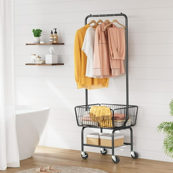 Laundry Cart with Hanging Rack, Metal Laundry Basket with Wheels, Laundry Hamper with Storage Basket and Shelf, Rolling Laundry Cart with Wheels, Black