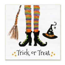 Stupell Indtries Trick Or Treat Phrase Whimsical Striped Witch Socks,12 x 12,Design by Sally Swatland
