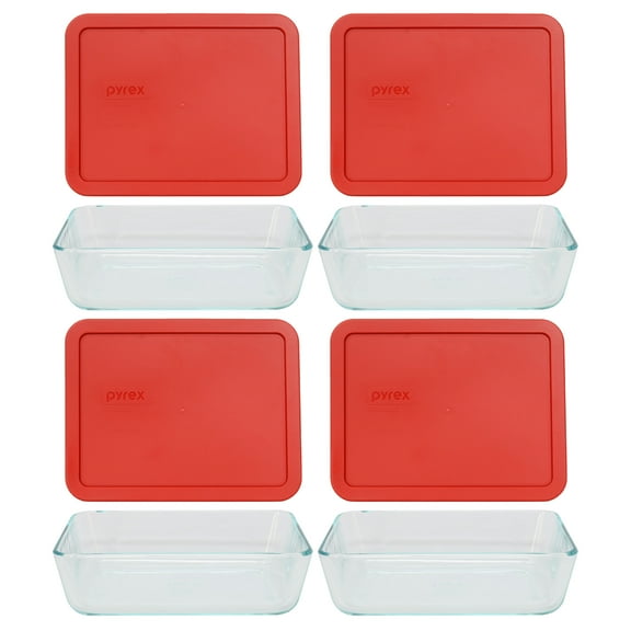 Pyrex 7211 6-Cup Rectangle Glass Food Storage Dish with 7211-PC Poppy Red Plastic Lid Cover (4-Pack)