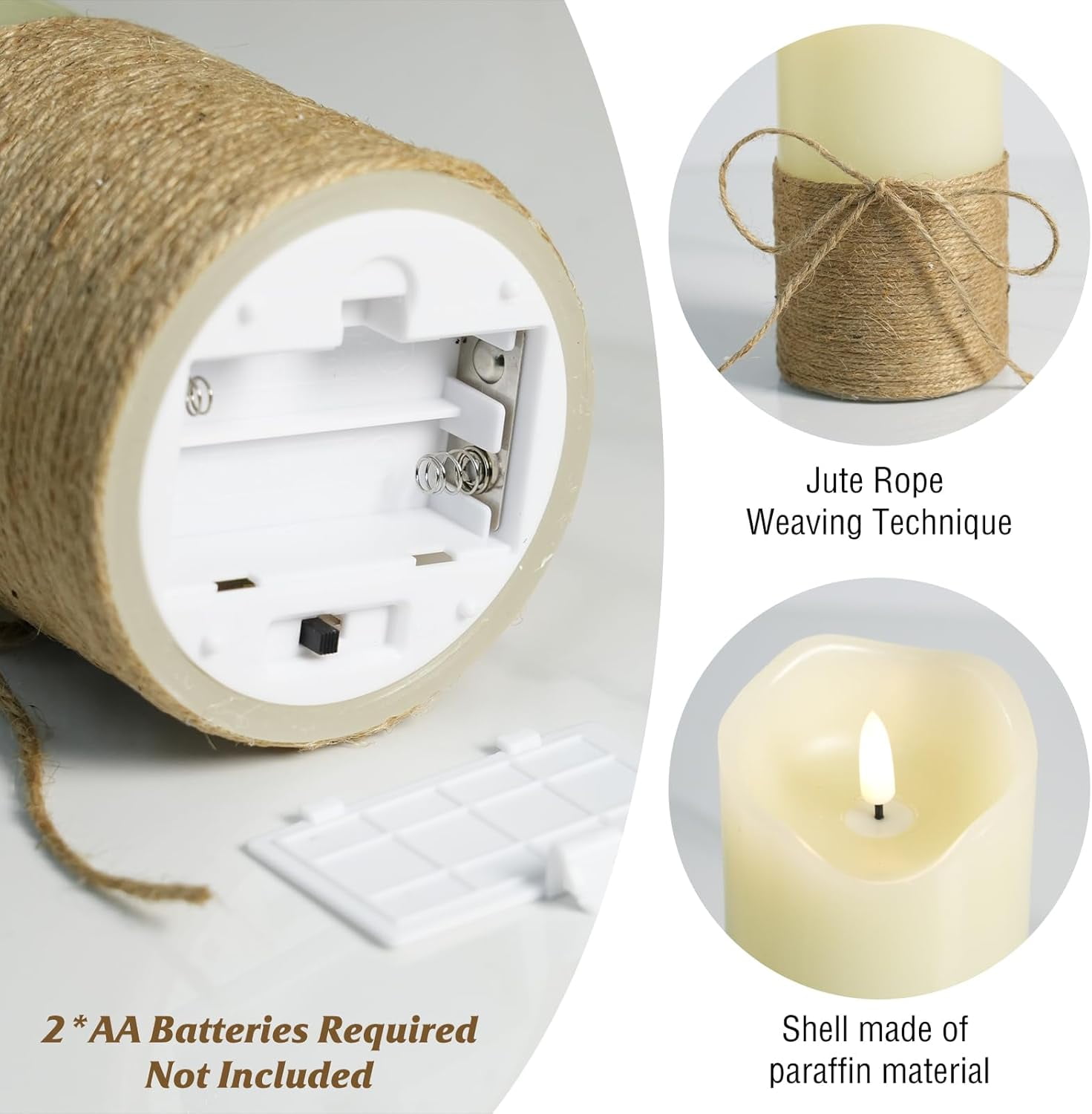 HomWamee Flameless Candles , Flickering Hemp Rope  with Remote Timer-3D , Set of 3  Battery Powered